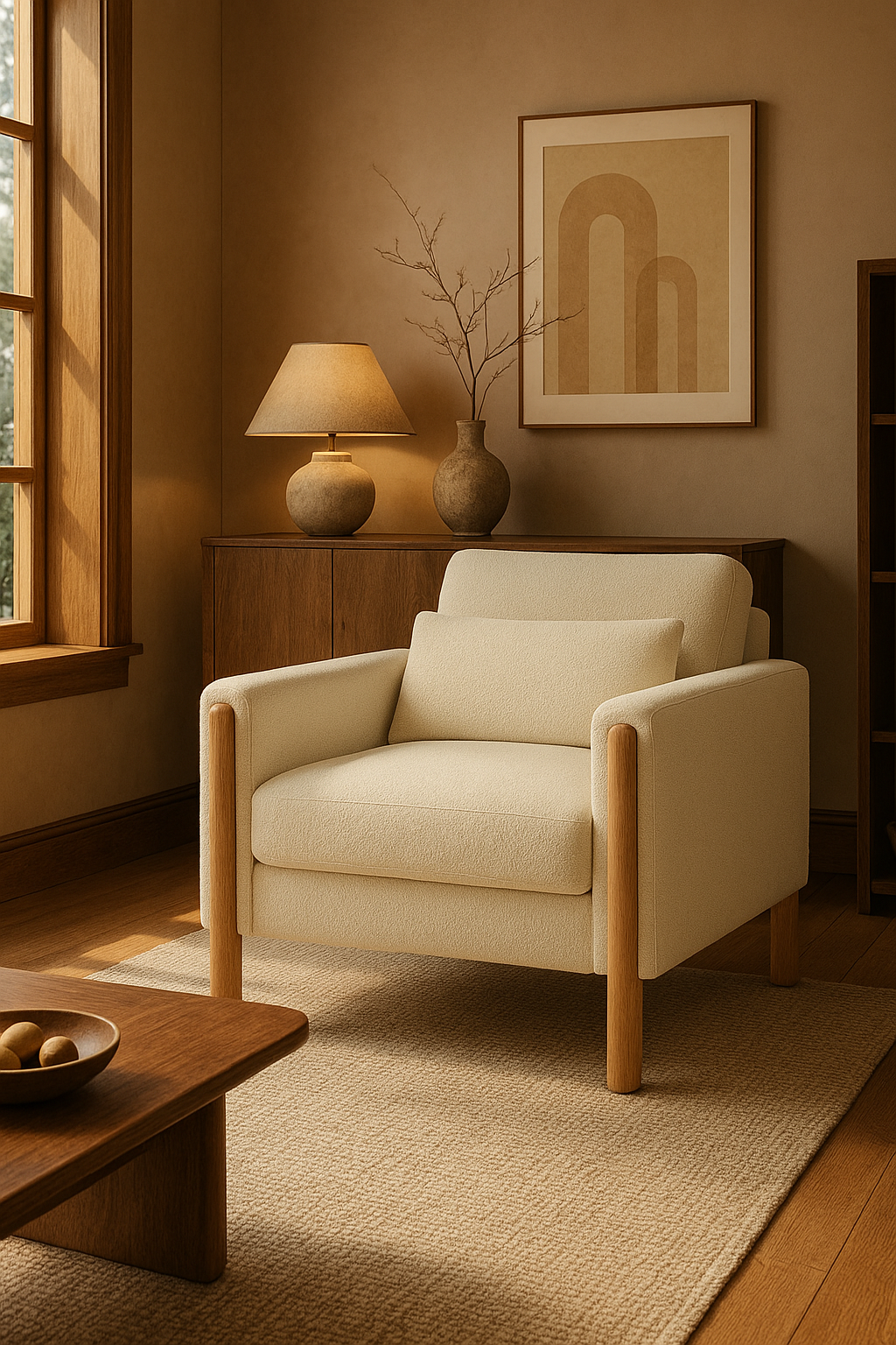 Fauteuil en bouclette à assise épaisse – Taeko