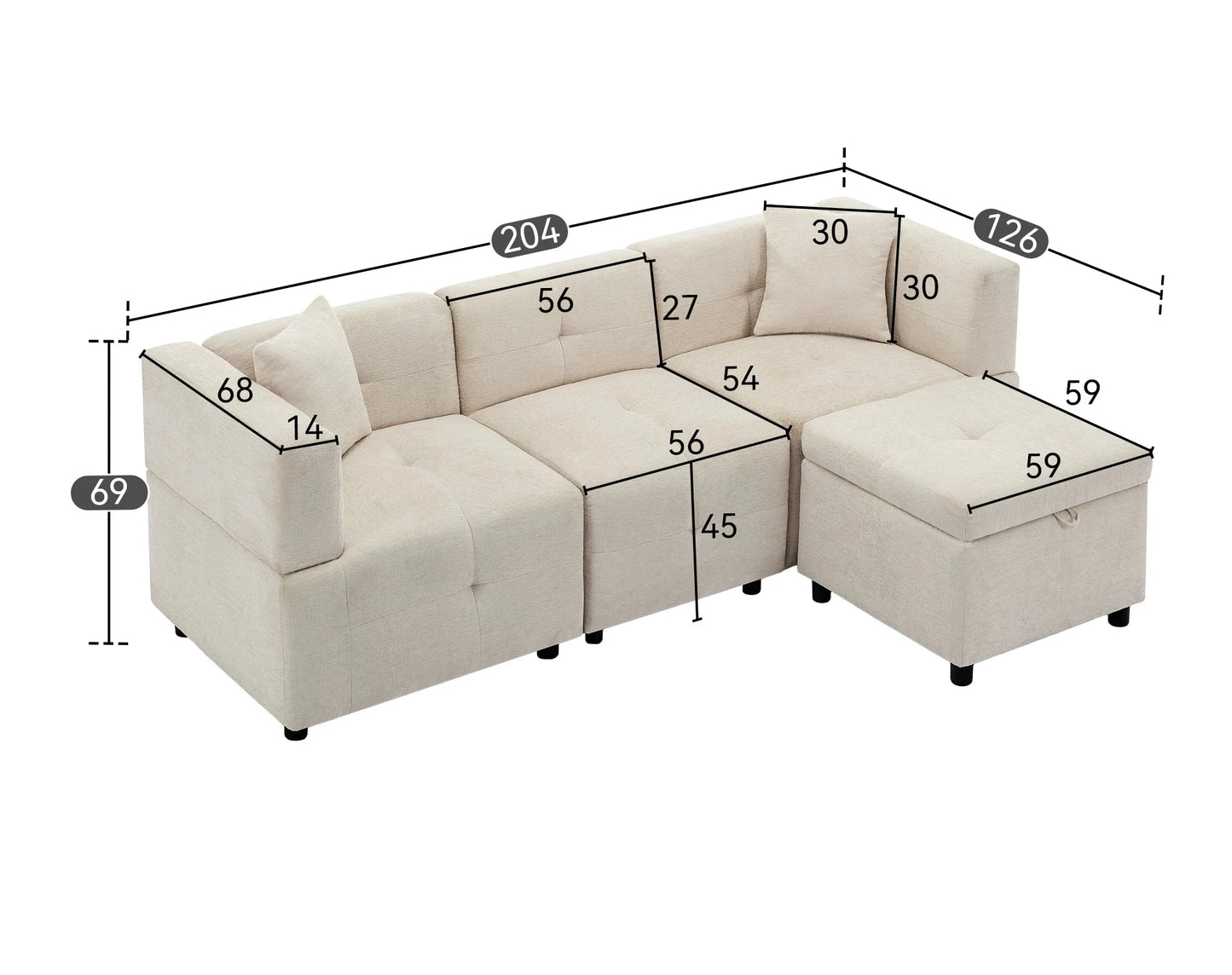 Canapé modulable 3 places avec coffre de rangement – Ren