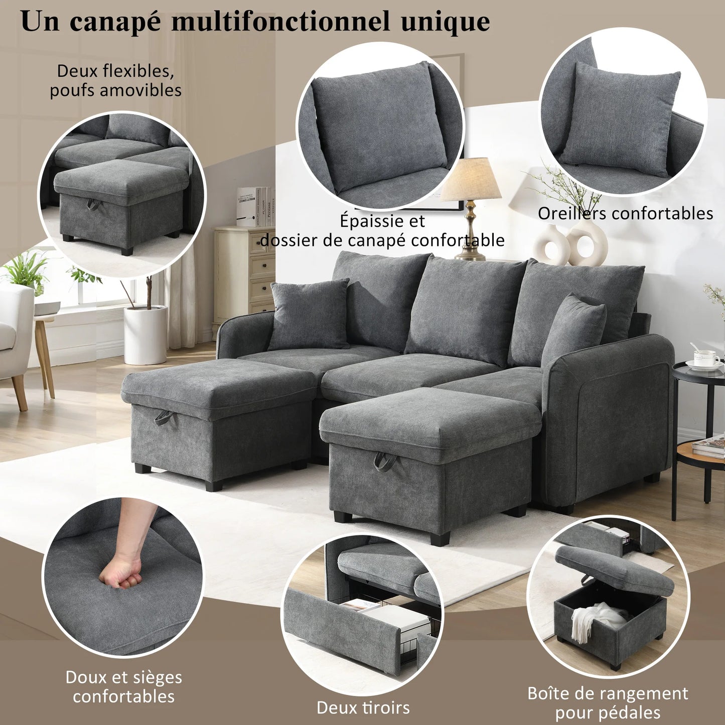 Canapé en U modulable avec rangements – Takumi